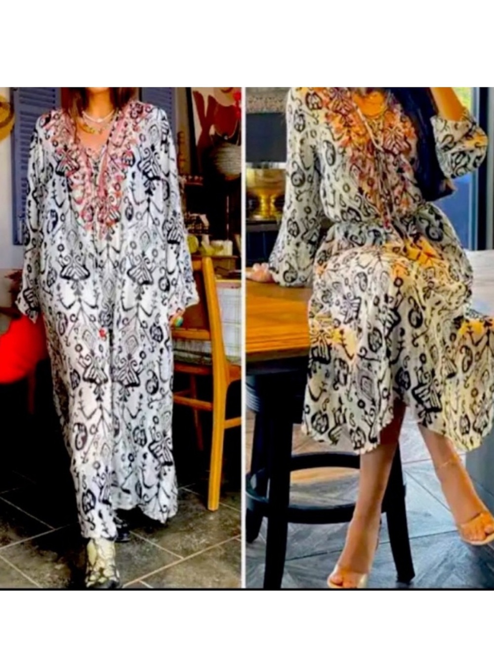 Zara Black & White Printed Long Sleeve Maxi Dress with Pink Embroidery